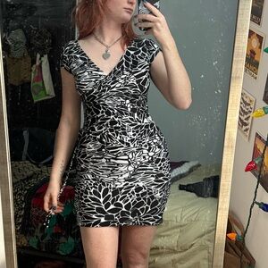 Evan Picone Black & White Floral Wrap-Style Mini Dress